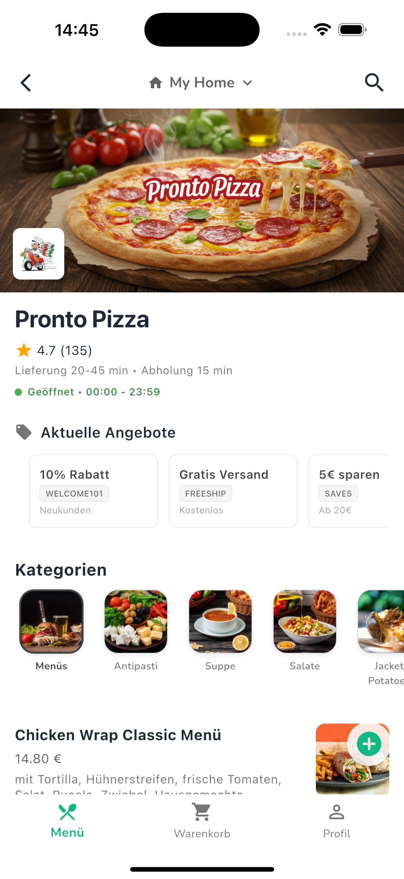 Pronto Pizza App - Main Screen